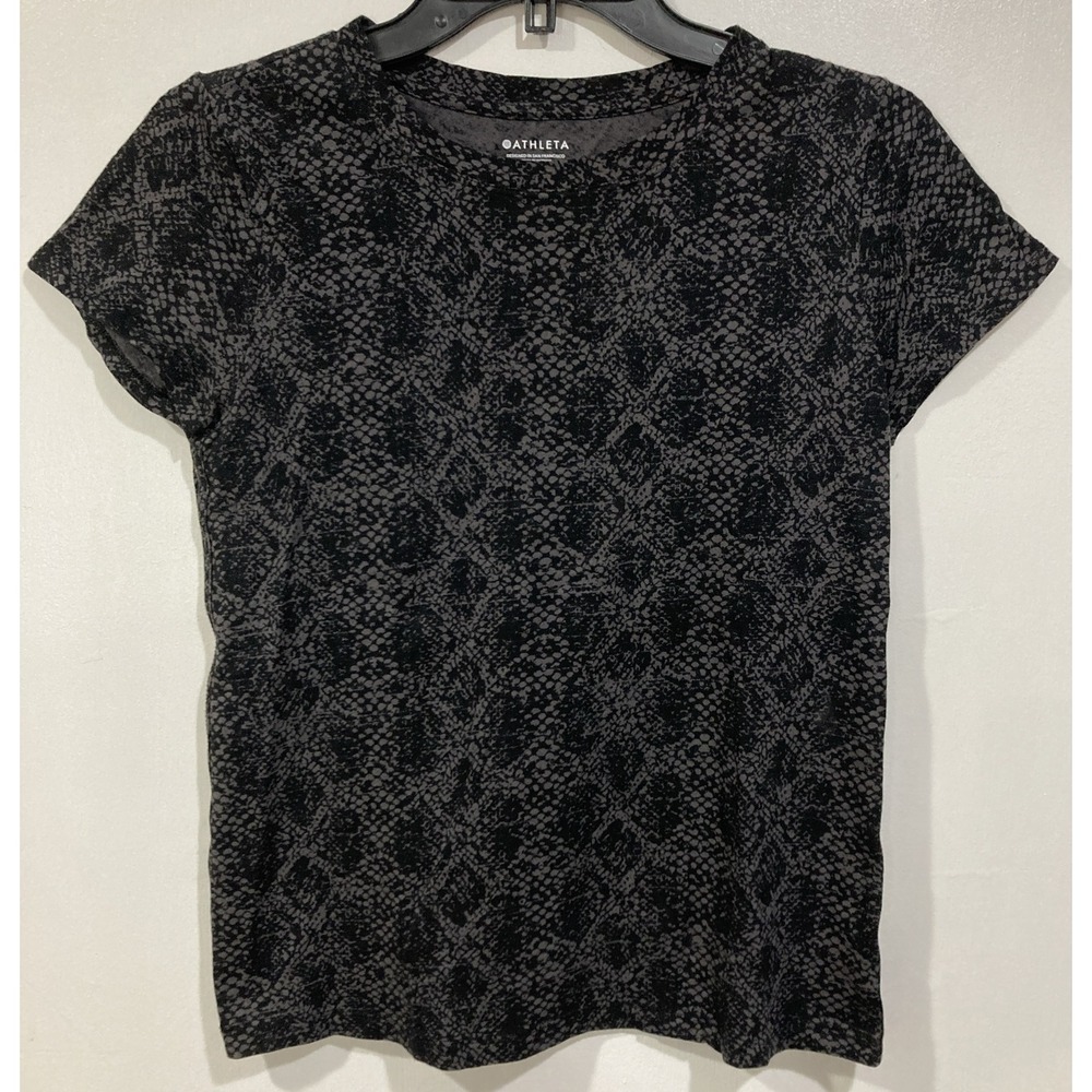 Athleta Women's XS Black Gray Snake Skin Print Tee Shirt 100% Cotton